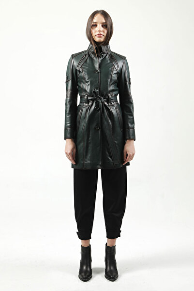 Dericlub Atina Kadın Düğmeli Hakiki Deri Trençkot Yeşil