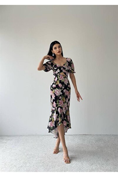 conconmoda Ala Sırt Dekolteli Bağlama Detay Balon Kol Elbise