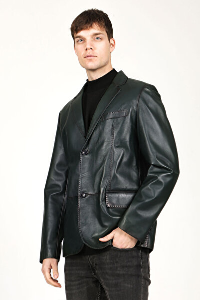 Dericlub Venedik Erkek Kruvaze Yaka Hakiki Deri Blazer Ceket Yeşil