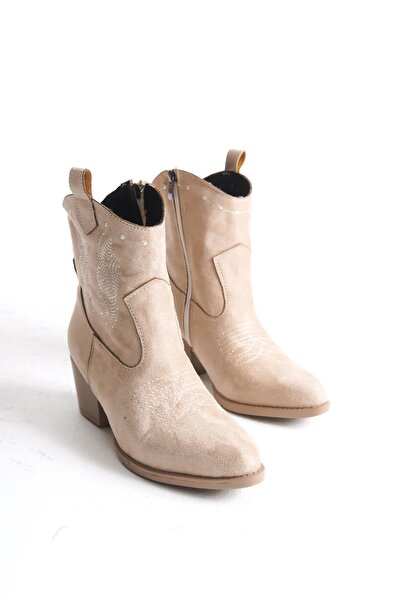 Bak Store Bézs velúr hímzésű - cipzáras Cowboy Western női csizma