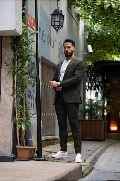 Salihtarzz Italian Cut Suit Green Striped Sports Drawstring - Slim Fit SD4956