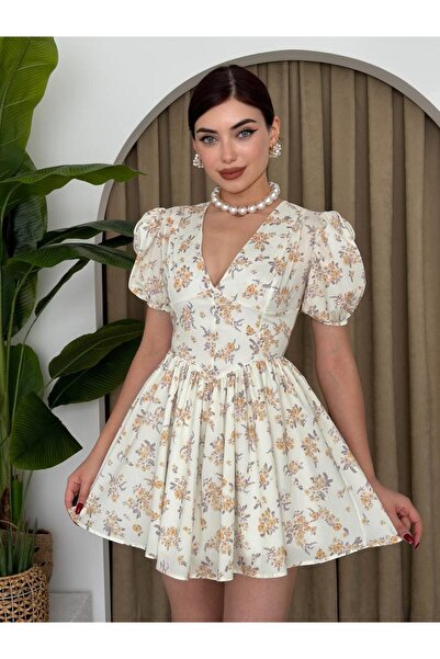 conconmoda Çiçekli Balon Kol Mini elbise