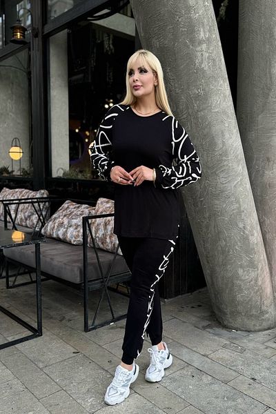 xlargebutik Large Size Clothing Geometric Pattern Black and White Suit