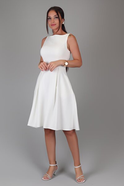 SWEETNESS White Midi Dress - Pleated and Pocket Detail