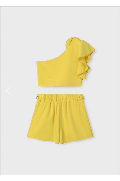 Abel & Lula Abel and Lula Girl's Elegant Stylish Shoulder Ruffle Stylish Shorts Suit Yellow L24Y5272