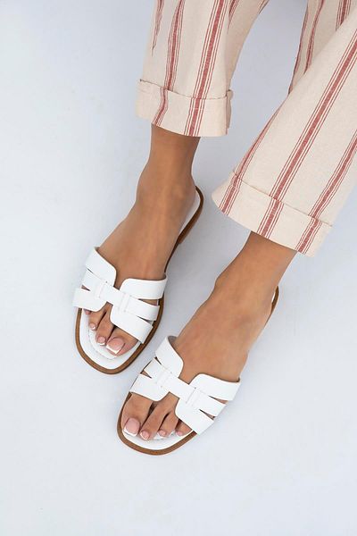 STRASWANS Stephan Women's White Single Strip Daily Leather Slippers