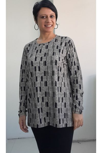 Mertcan Butik Black Cream Print Long-Sleeved Combed Cotton Viscose T-Shirt