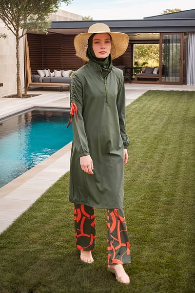 Marina Khaki Colored Parachute Fabric - Full Covered Hijab Swimsuit M2432
