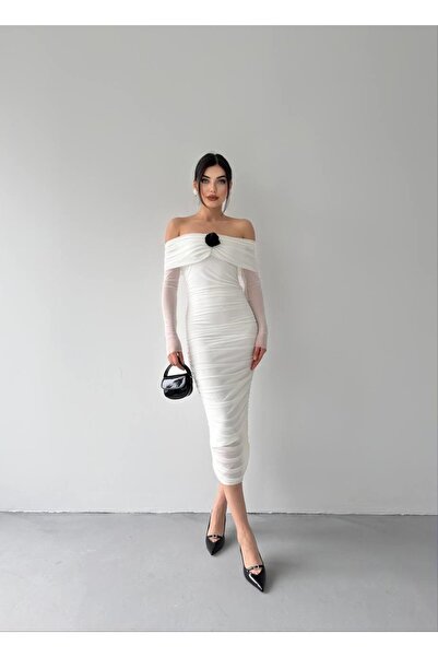 conconmoda Star Siyah Strsplez Drapeli Gül Detay Elbise