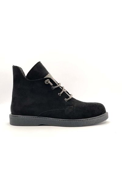 Kids Club Shoes Feles Λαστιχένια Αντιολισθητική Σόλα Πέτρα Δαντέλα Λεπτομερείς Γυναικείες Μπότες ΜΑΥΡΟ-SUEDE