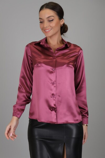 SWEETNESS Women's Dusty Rose Satin Long Sleeve Evening Dress Shirt