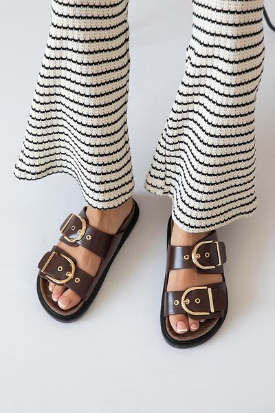 STRASWANS Zowie Femei - Papuci casual din piele cu detaliu cu cataramă, maro