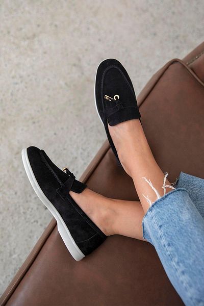 STRASWANS Days Women's Genuine Leather Suede Loafer Shoes Black