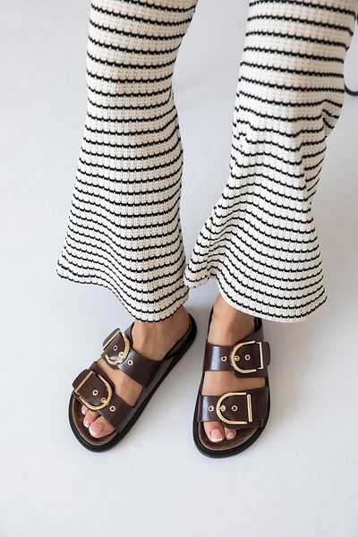 STRASWANS Zowie Femei - Papuci casual din piele cu detaliu cu cataramă, maro