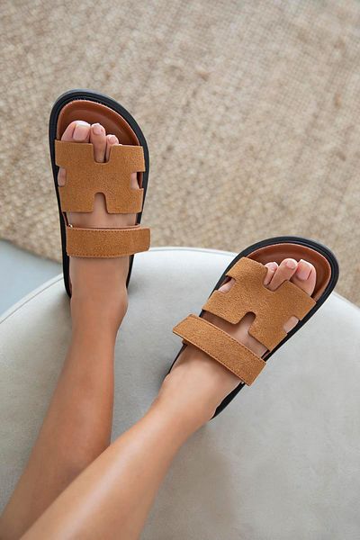 STRASWANS Papuci de piele intoarsa pentru dama Palmeira - Velcro, culoare maro
