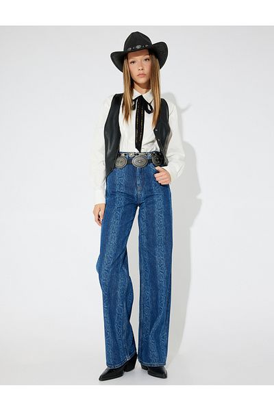 Koton X Zeynep Cushion - Snakeskin Patterned Standard Waist Wide Leg Jeans
