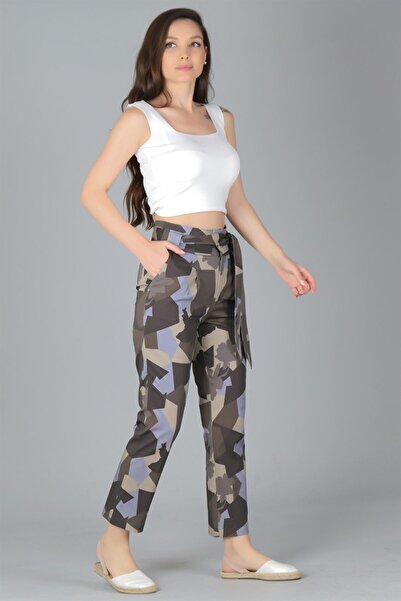SWEETNESS Kadın Haki Desenli Kemerli Pileli Yüksek Bel Pantolon