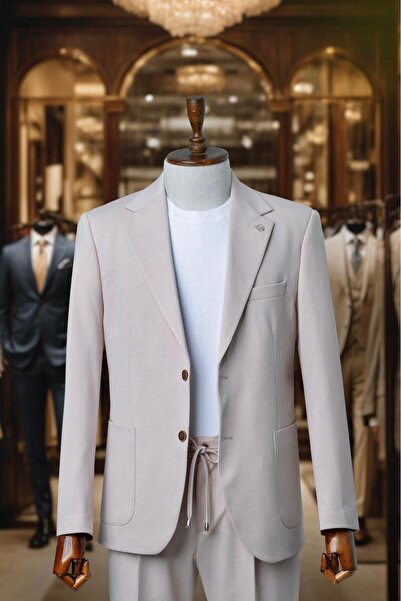 Salihtarzz Suit Beige Flat Comfort Fit Mono Collar SD4185
