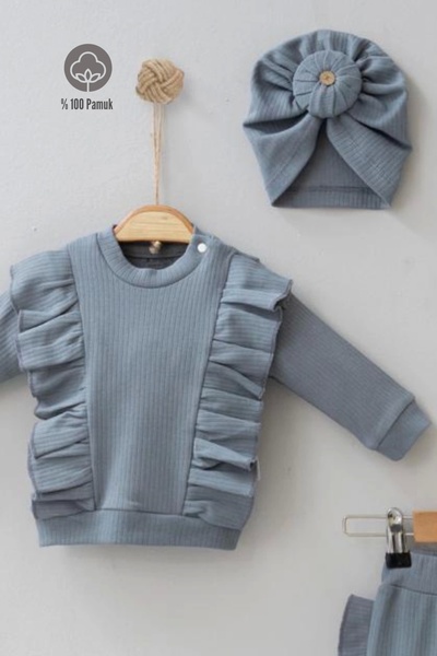 Babydonat Set of 3 100% Cotton Bonnet Baby Girl Set - Shoulder Ruffle Detail