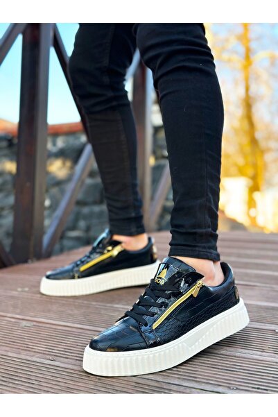 BOA SNR-308 BOA Men's Shoes - Thick High Sole, Double Zipper, Black and White