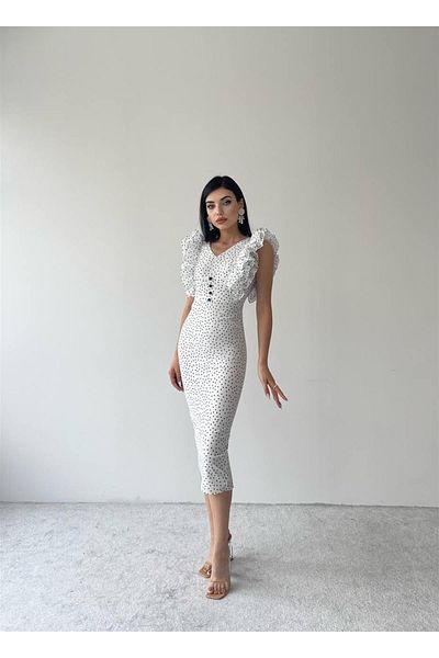 conconmoda Roza Ruffle Sleeve Midi Dress - White