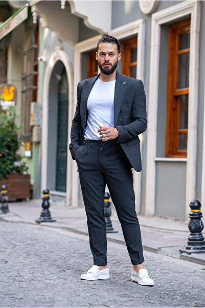 Salihtarzz İtalyan Kesim Takım Elbise Antrasit Spor İpli - Slım Fıt SD4977