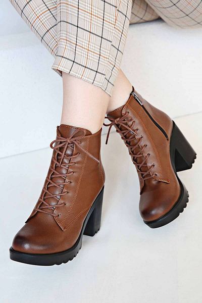 Ccway Lace-Up Γυναικείες μπότες με τακούνι Tan Skin