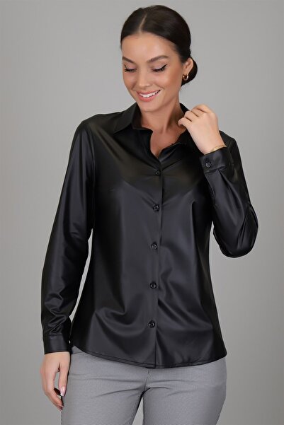 SWEETNESS Жіноча чорна шкіряна сатинова сорочка з довгими рукавами