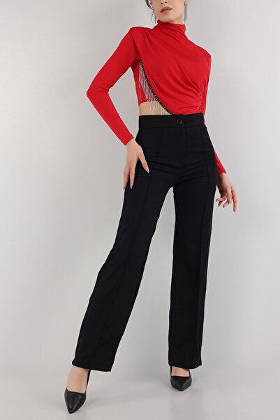 KAŞİHA High Waist Ribbed Stitched - Recovery Black Palazzo Trousers