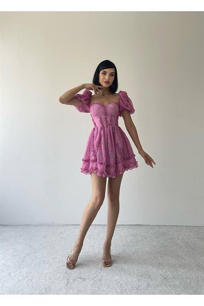 conconmoda Pink Elisya Balloon Sleeve Dress