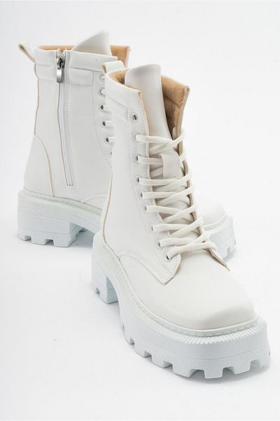 Ccway Lace-Up Γυναικείες Μπότες Λευκό δέρμα
