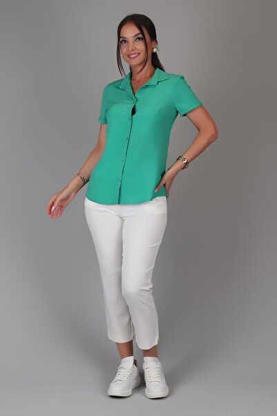 SWEETNESS Green Viscose Short Sleeve Women's Classic Shirt