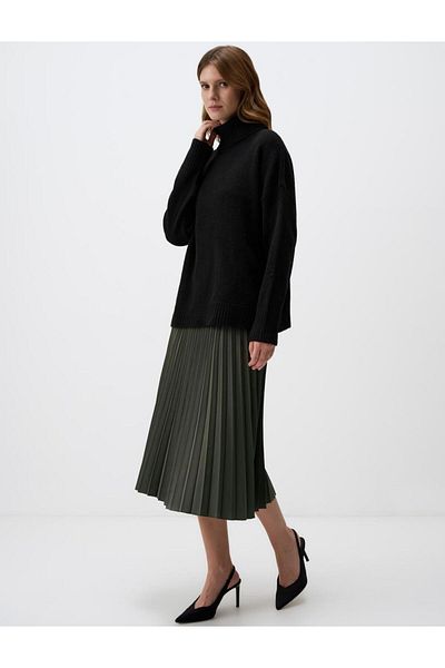 Jimmy Key Khaki Relaxed Fit High Waist Pleated Midi Skirt