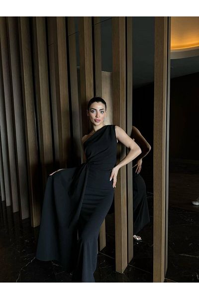 conconmoda ADEL ONE SHOULDER LONG ELEGANT DRESS BLACK