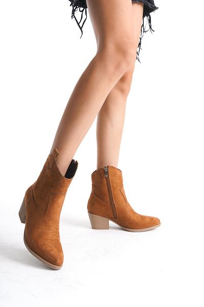 Bak Store Γυναικείες μπότες Western Cowboy Tan Suede με κεντημένο φερμουάρ