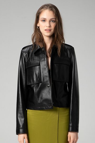 Dericlub Blue Women's Crop Top - Collar Bag - Black Realistic Texture Coat
