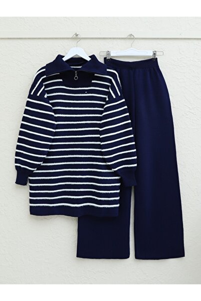 Modamorfo Garbó nyakú cipzáras csíkos kötöttáru szett - sötétkék