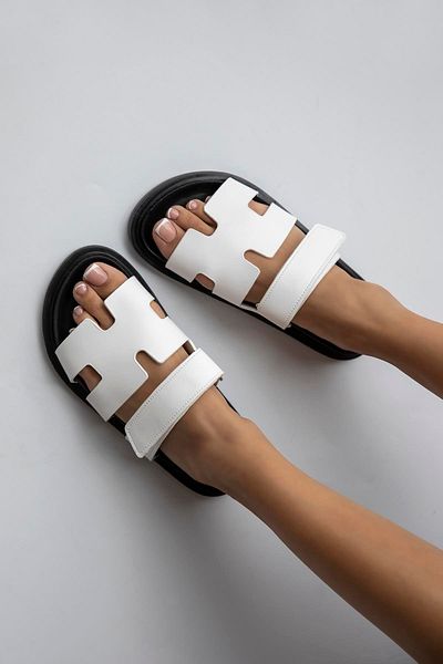 STRASWANS Papuci de damă din piele Palmeira - cu bandă velcro, alb-negru