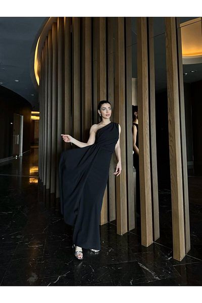 conconmoda ADEL ONE SHOULDER LONG ELEGANT DRESS BLACK