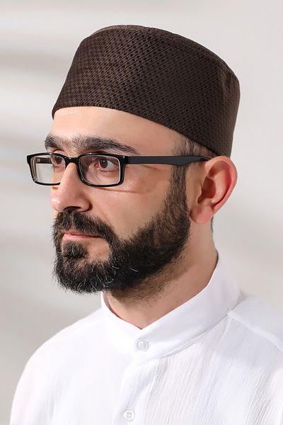 ihvanonline Кафява кадифена молитвена шапка с пчелна пита и карирани мотиви