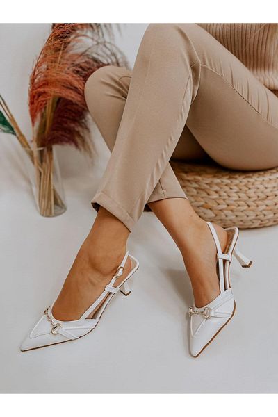 ERVANIN BUTİĞİ White Leather (MOSS) Buckle Detail Women's Stiletto