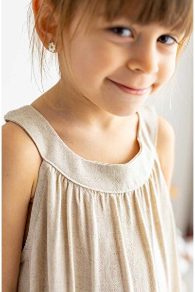 Oliven The Kid Μπεζ λινό βραχιόλι γιακά - Κοριτσίστικο φόρεμα με τσέπες και διπλά κουμπιά