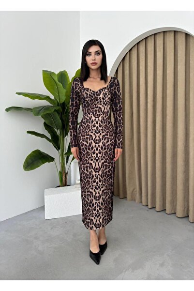 conconmoda Kalp Yaka Uzun Leopar Elbise