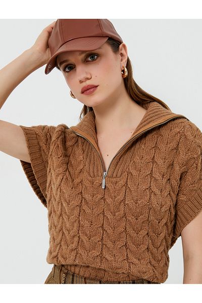 Koton Oversize Sweater Knitted Half Zipper Wide Collar Braided Pattern