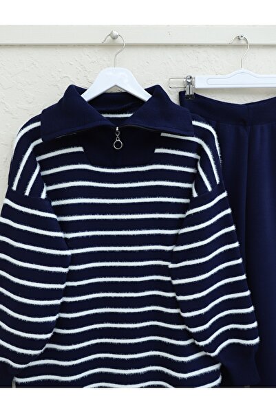 Modamorfo Garbó nyakú cipzáras csíkos kötöttáru szett - sötétkék