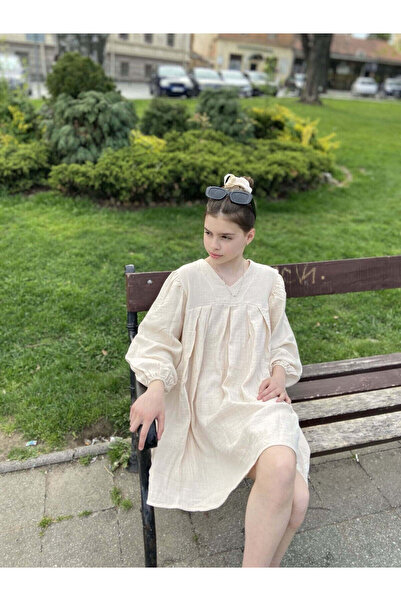 rg kidsstore Young Girl's V-Neck and Gathered 100% Muslin Fabric Dress and Buckle