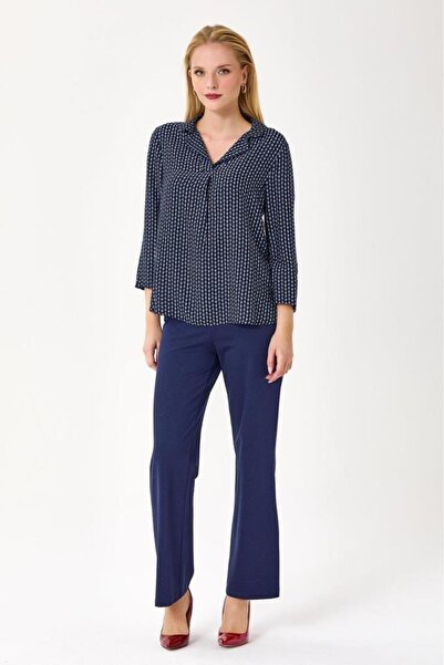 İKİLER Gömlek Yaka Önü Pileli Desenli Bluz 245-3023