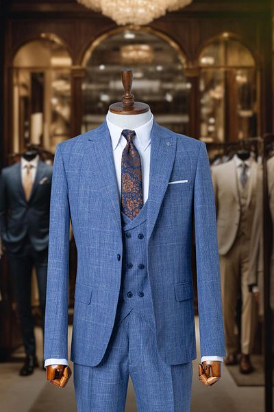 Salihtarzz Suit Italian Cut with Vest Blue SD4137