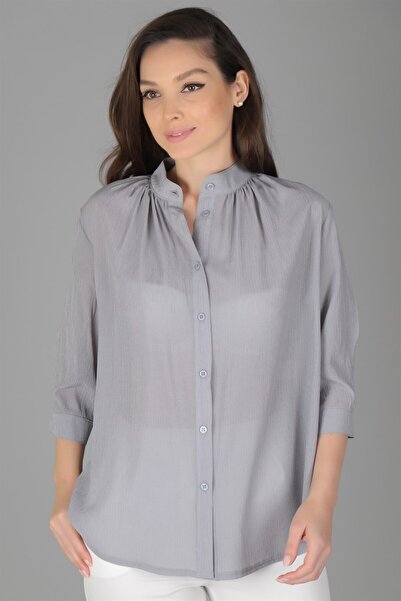 SWEETNESS Women's Gray Shirt with Gathered Collar
