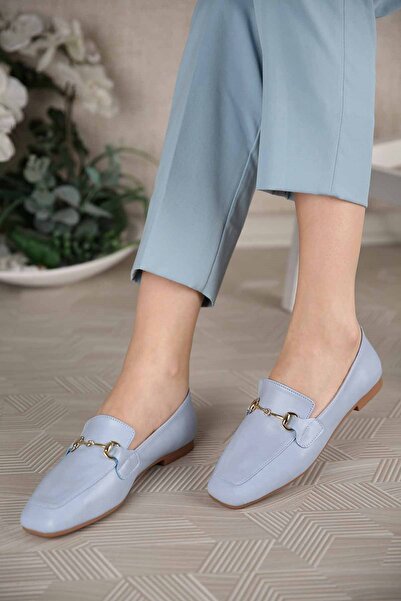 Ccway حذاء باليرينا نسائي بإبزيم من الجلد الأزرق